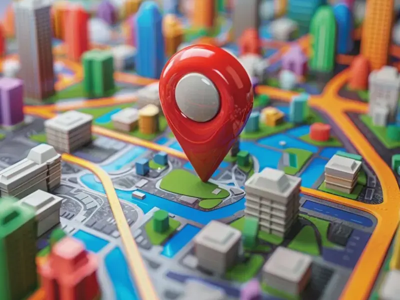 Isometric 3-D city map with a large glossy red location pin hovering over streets, rivers and buildings